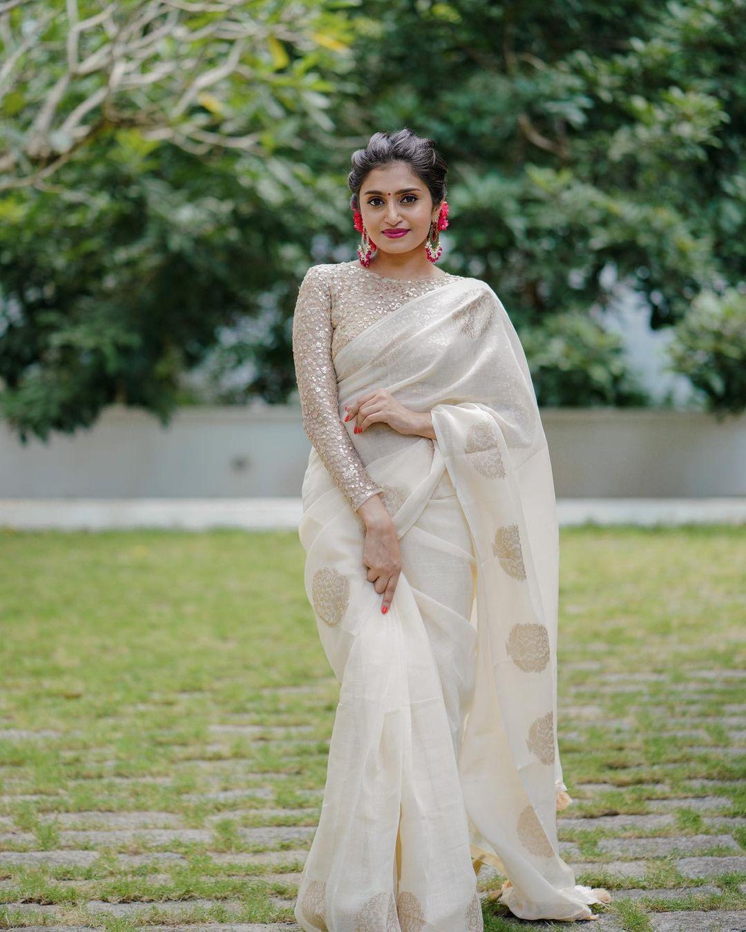 White Pure Linen Woven Zari Saree with Heavy Embroidered Blouse