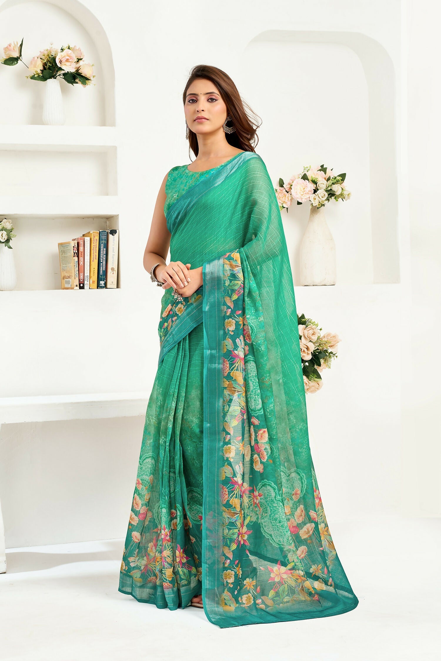 Rama Green Floral Linen Ready To Wear Saree with Blouse Piece