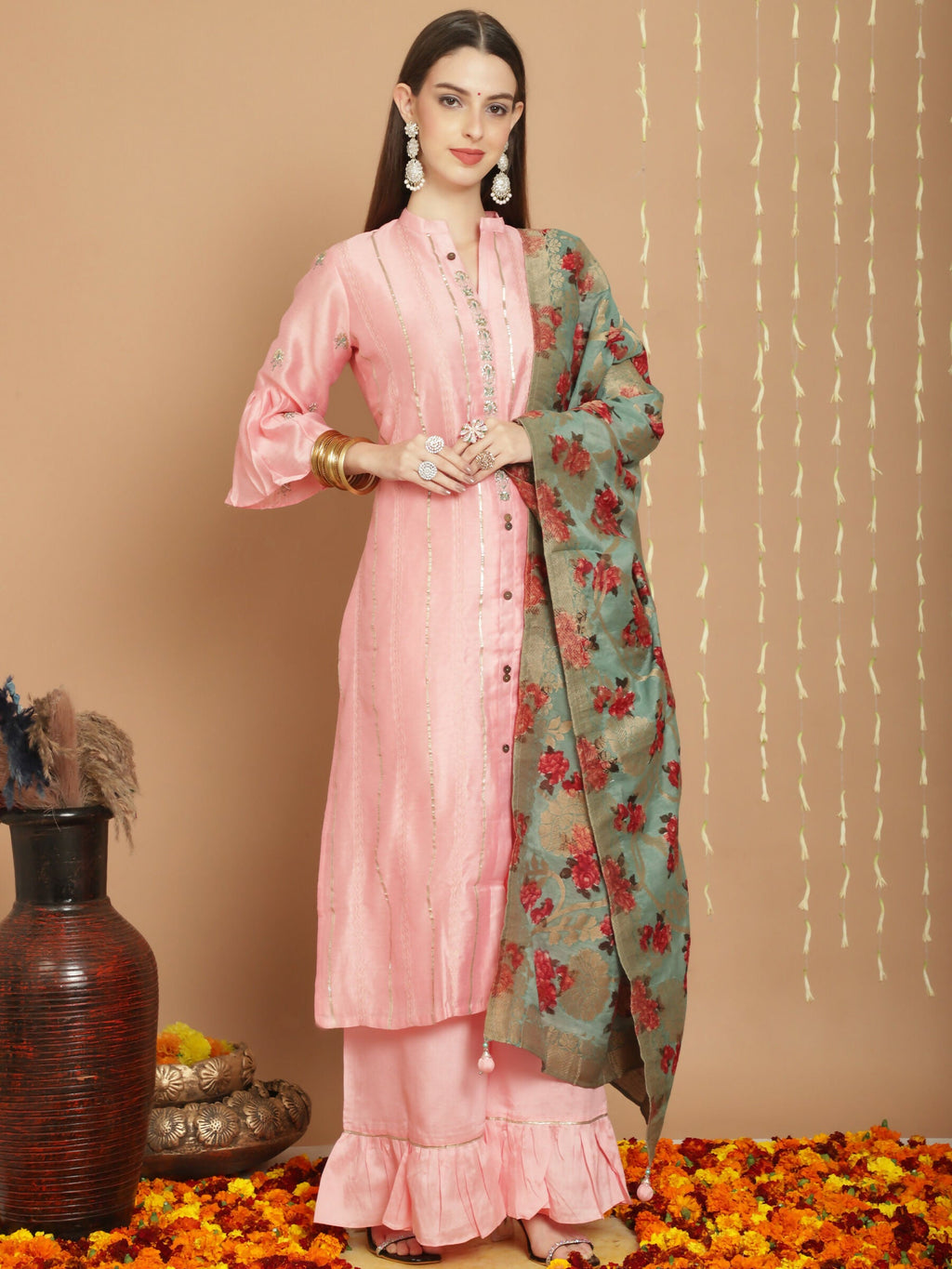 Peach Chanderi Silk A-Line Kurta Set with Elegant Jardoshi Work
