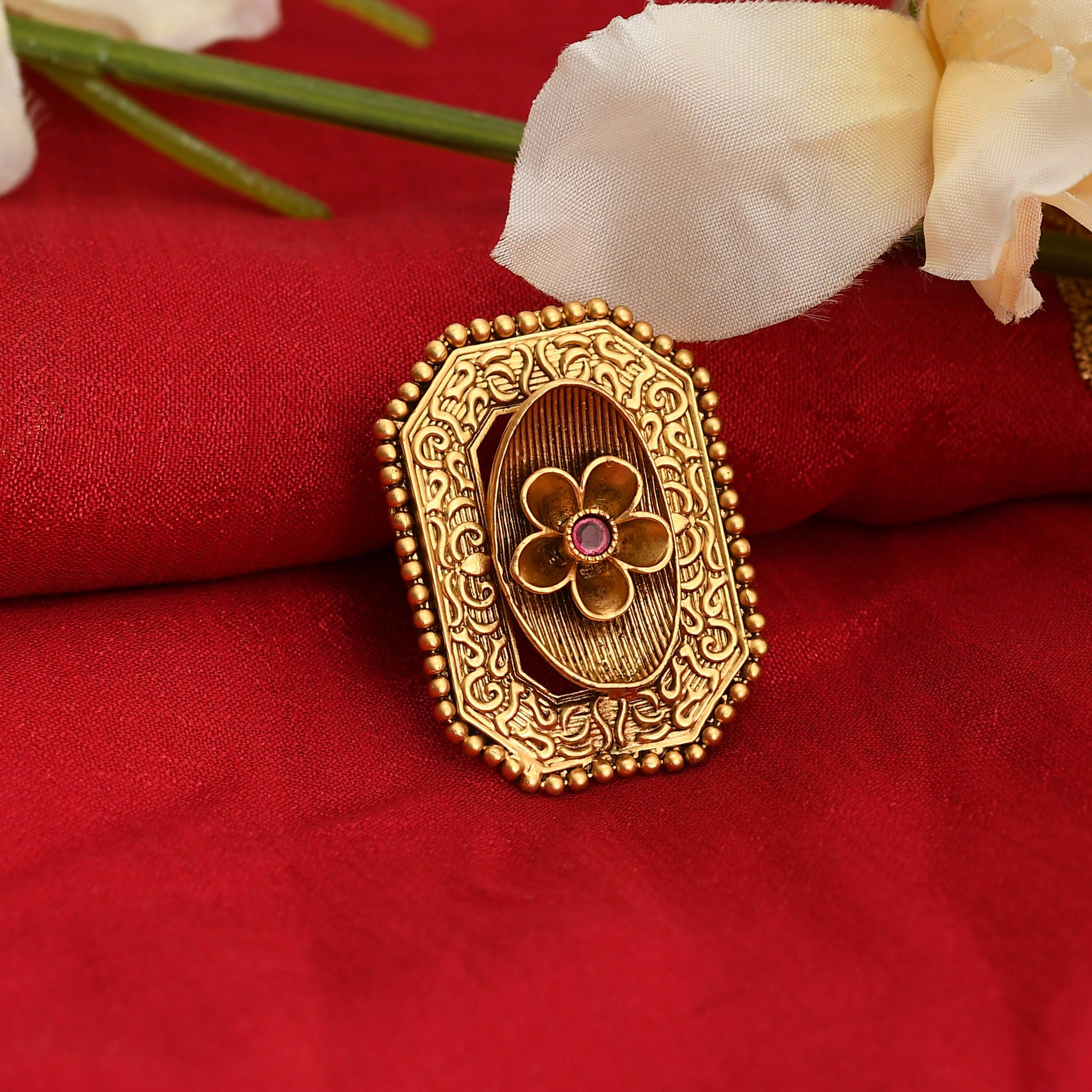 Traditional Gold-Polished Stone Studded Adjustable Ring