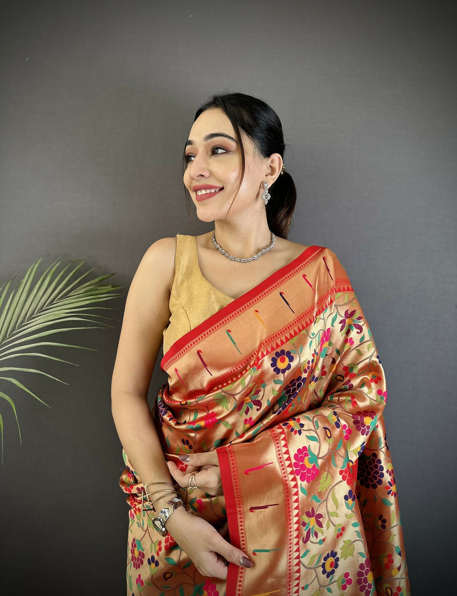 Crimson Red Intricate Floral Soft Silk Paithani Saree