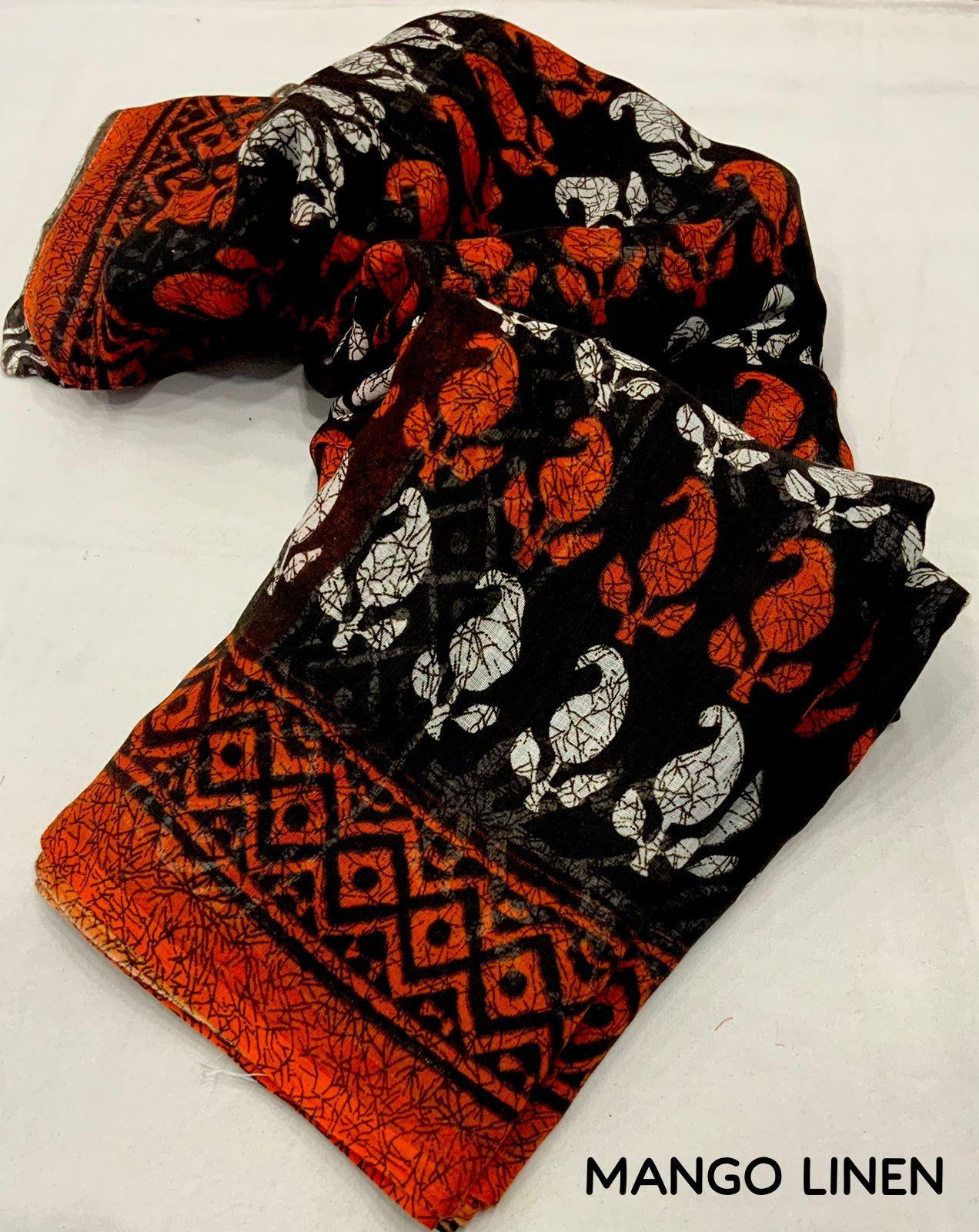 Orange Linen Blend Ethnic Motif Print Saree with Unstitched Blouse