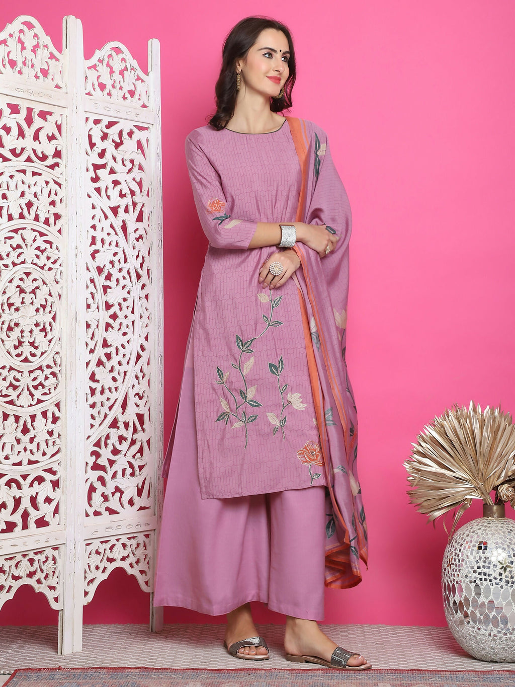 Purple Muslin Floral Print Kurta Set with Jari & Crystal Work