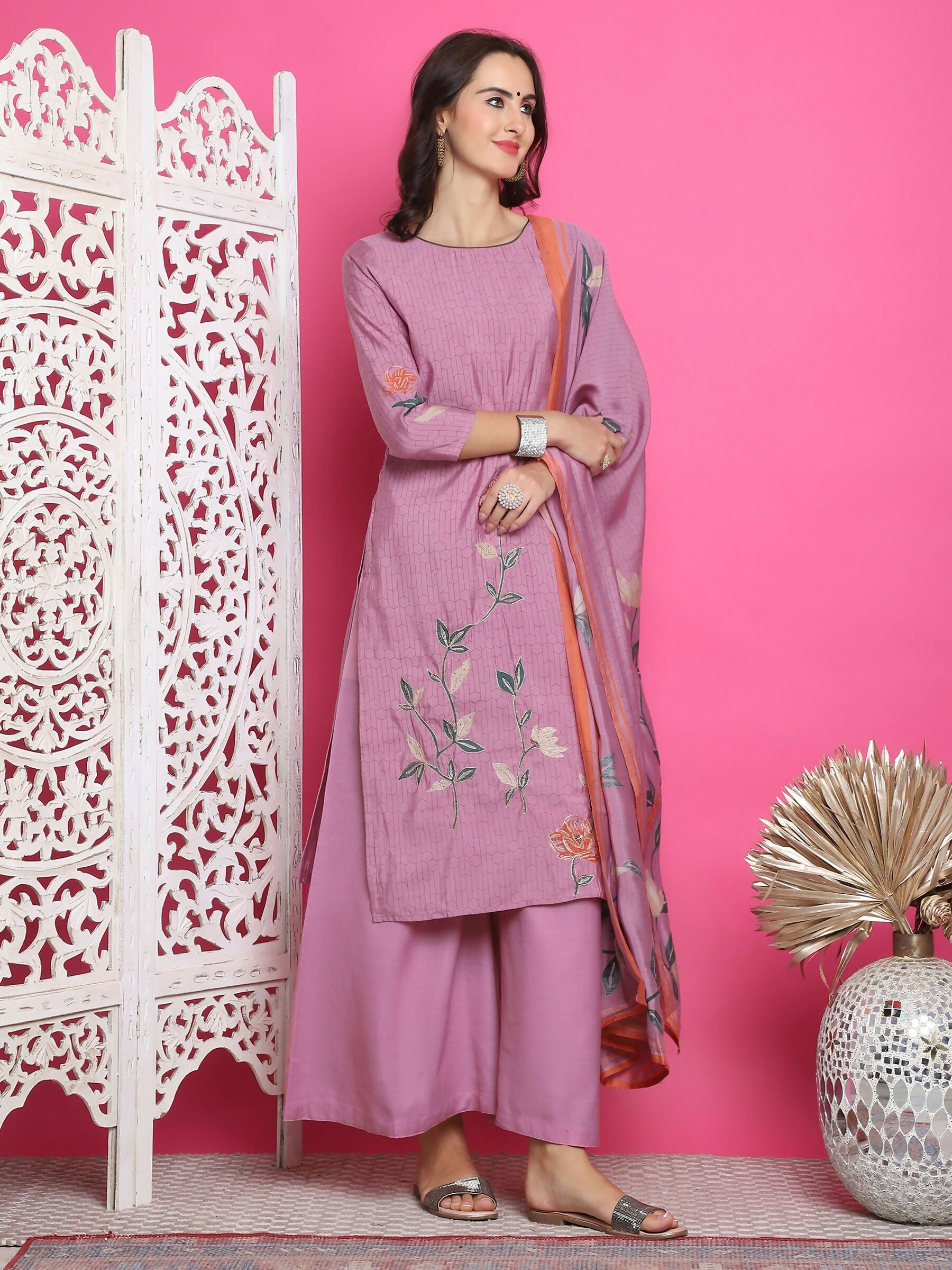Purple Muslin Floral Print Kurta Set with Jari & Crystal Work