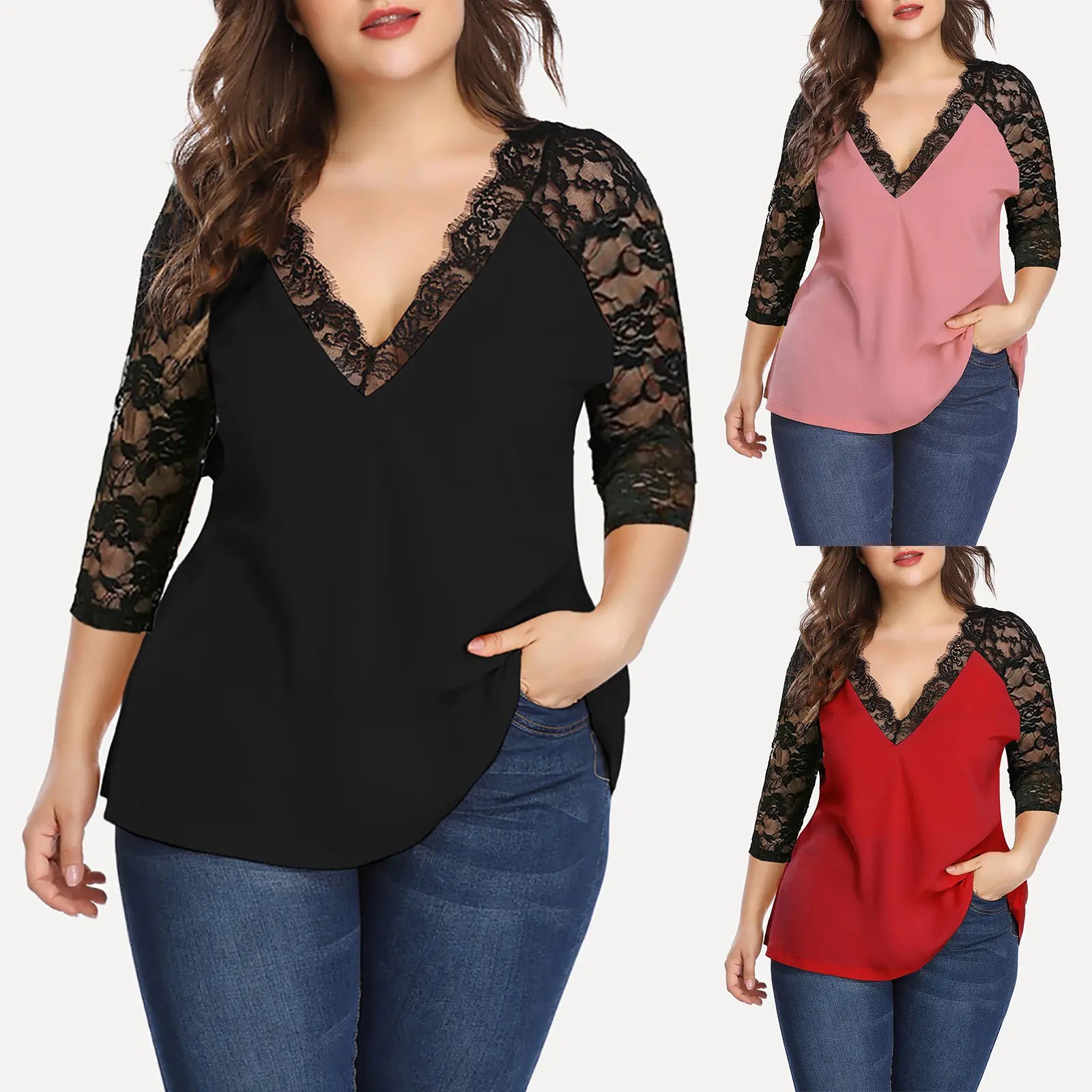 Women's V-Neck Lace Patchwork Blouse with Three-Quarter Sleeves - Image 9