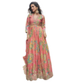 Elegant peach Chinon silk festive gown with embroidery and digital prints paired with a matching dupatta