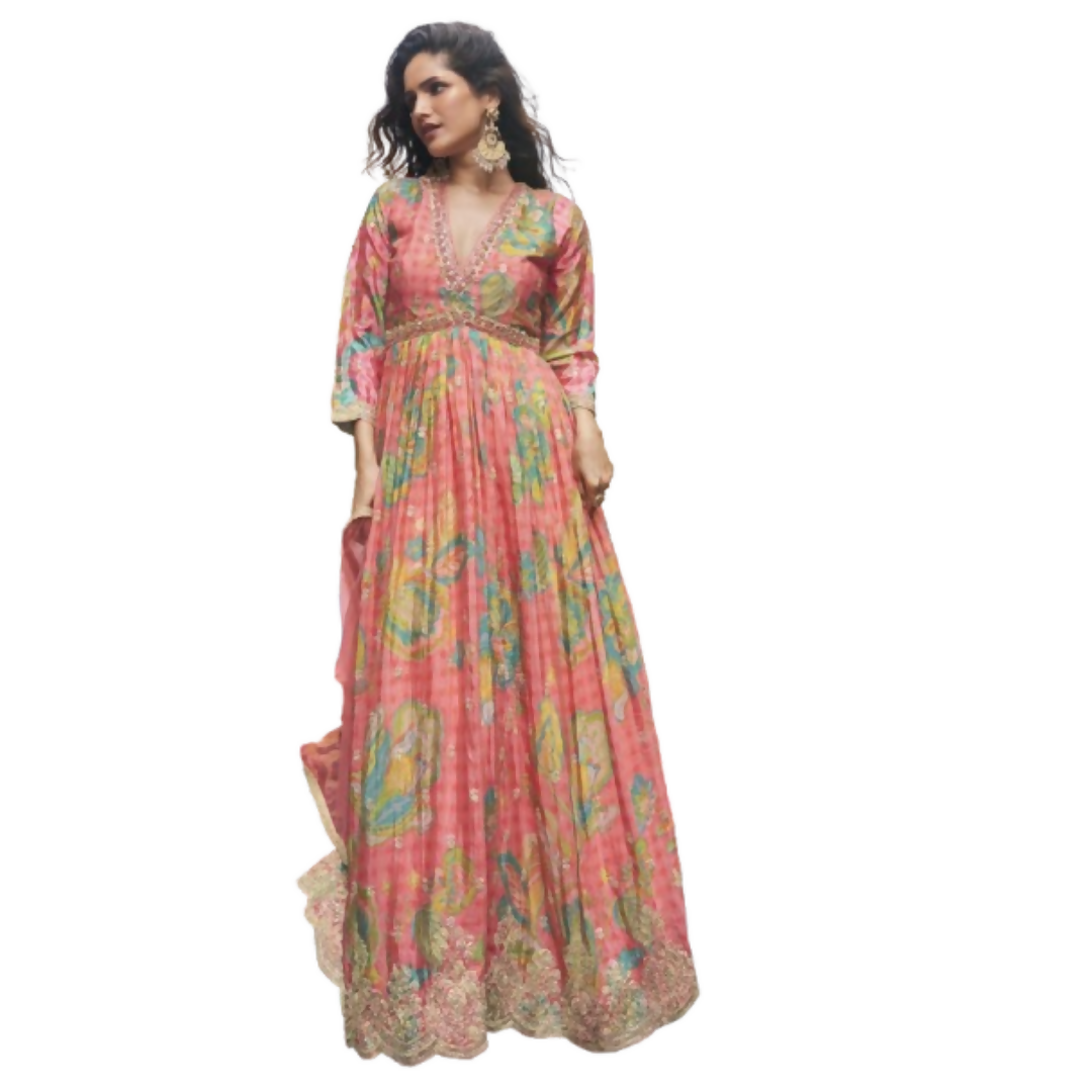 Elegant peach Chinon silk festive gown with embroidery and digital prints paired with a matching dupatta