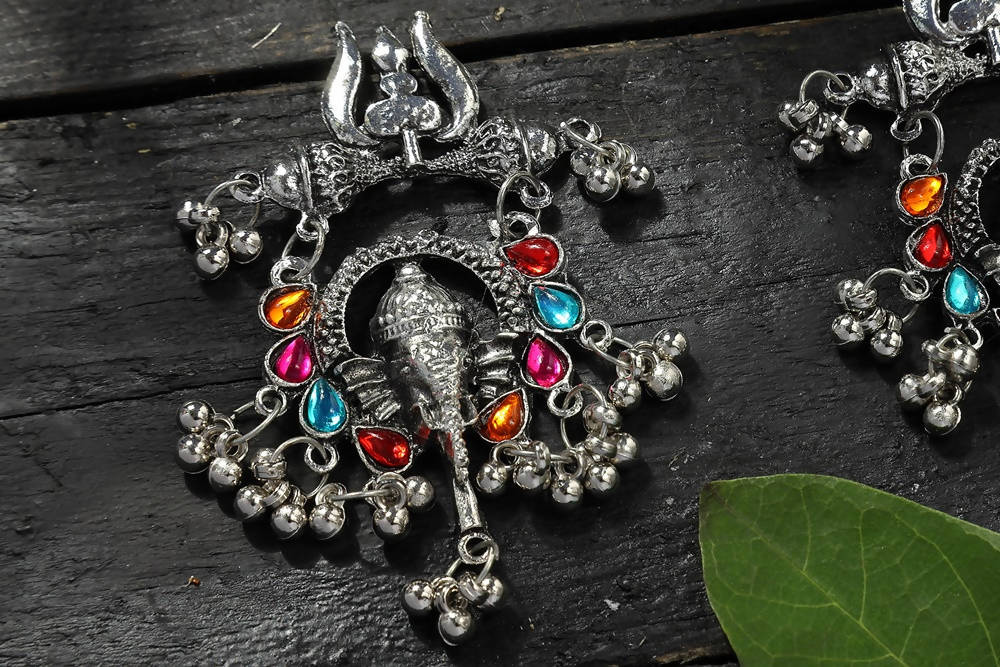 Traditional Multi Kundan Ganesha Earrings in Silver