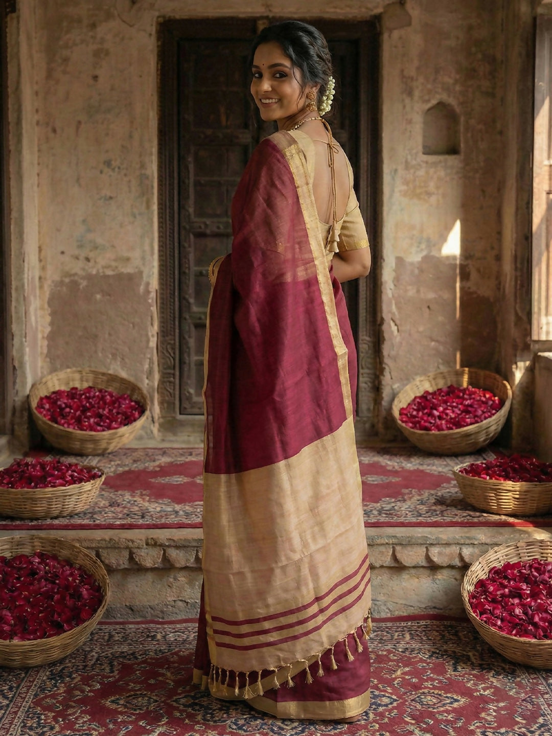 Sophisticated Wine Cotton Saree with Beige Blouse