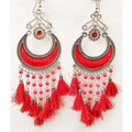 Red half moon enamel earrings with silk thread and glass pearl accents