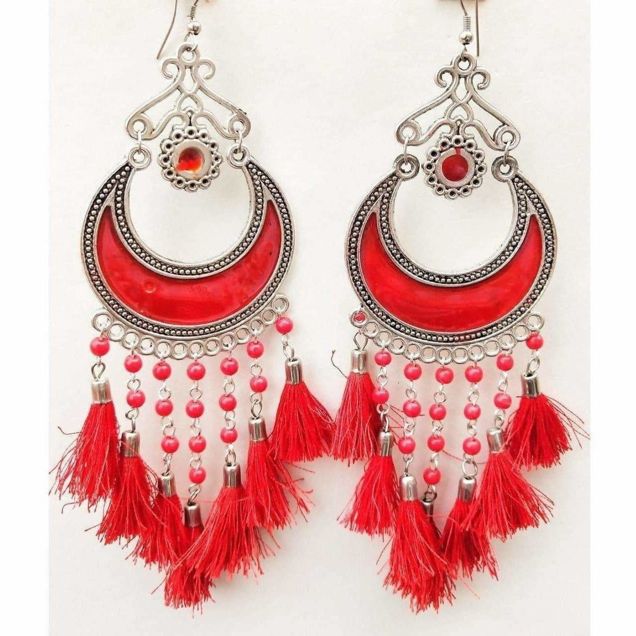 Red half moon enamel earrings with silk thread and glass pearl accents