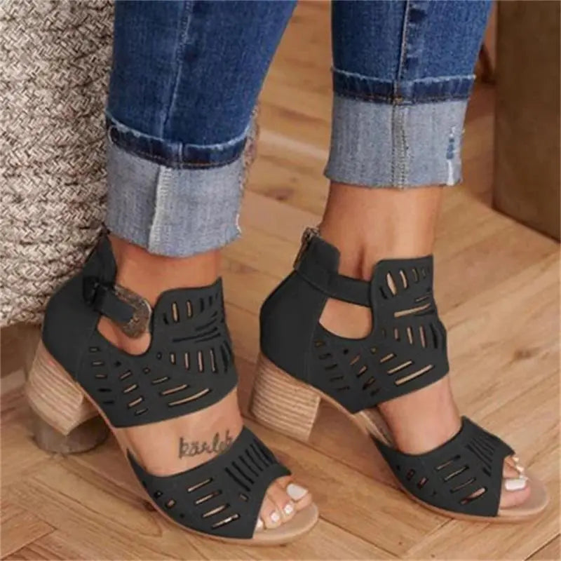 Women's Chunky Heel Sandals with Rhinestone Cutout