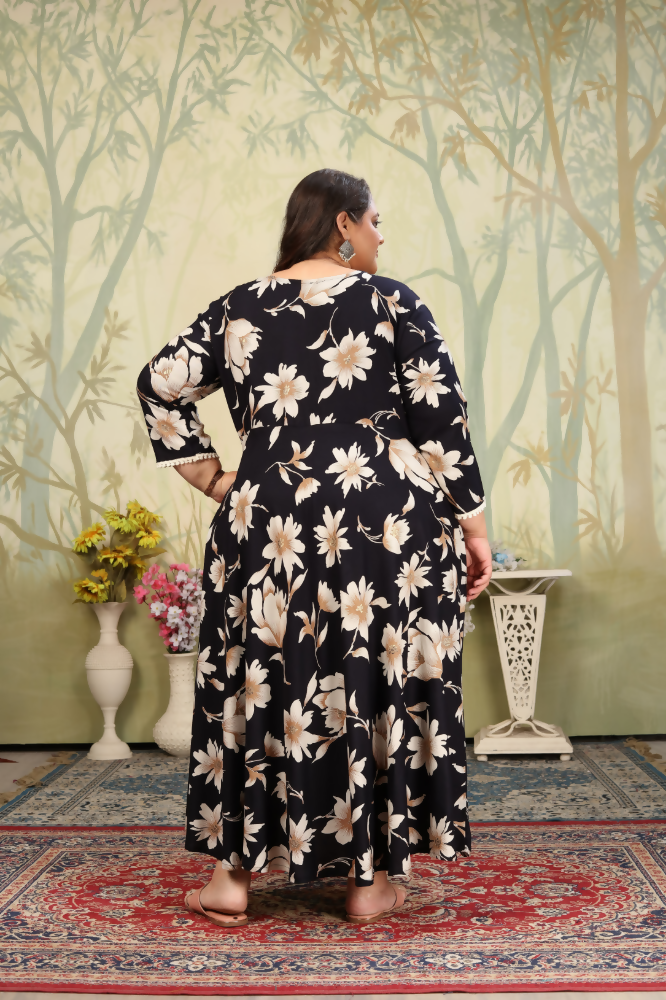 Black Rayon Floral Print Anarkali Set with Sequins