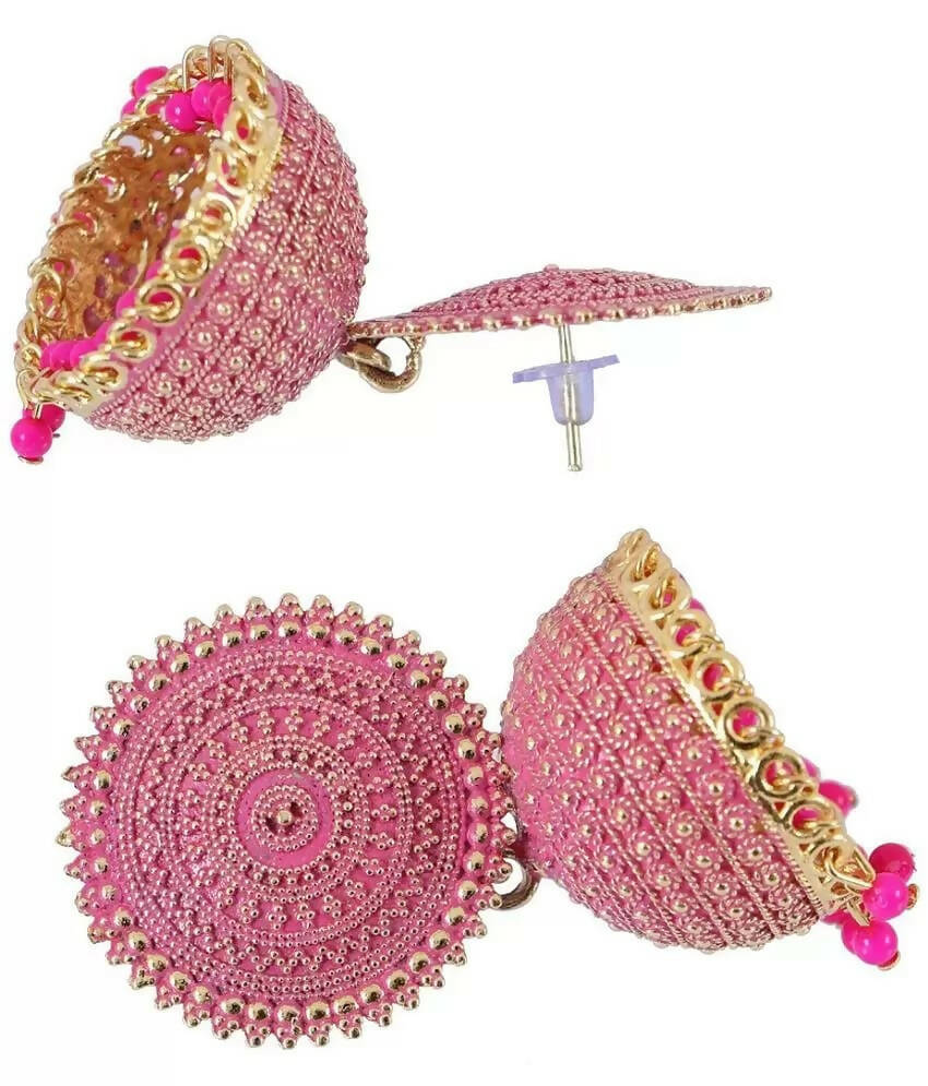 Gold-Polished Meenakari Jhumka Earrings for Girls (Magenta)