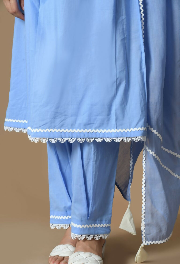 Light Blue Cotton Kurta Set with Organza Dupatta - 3 Piece Suit