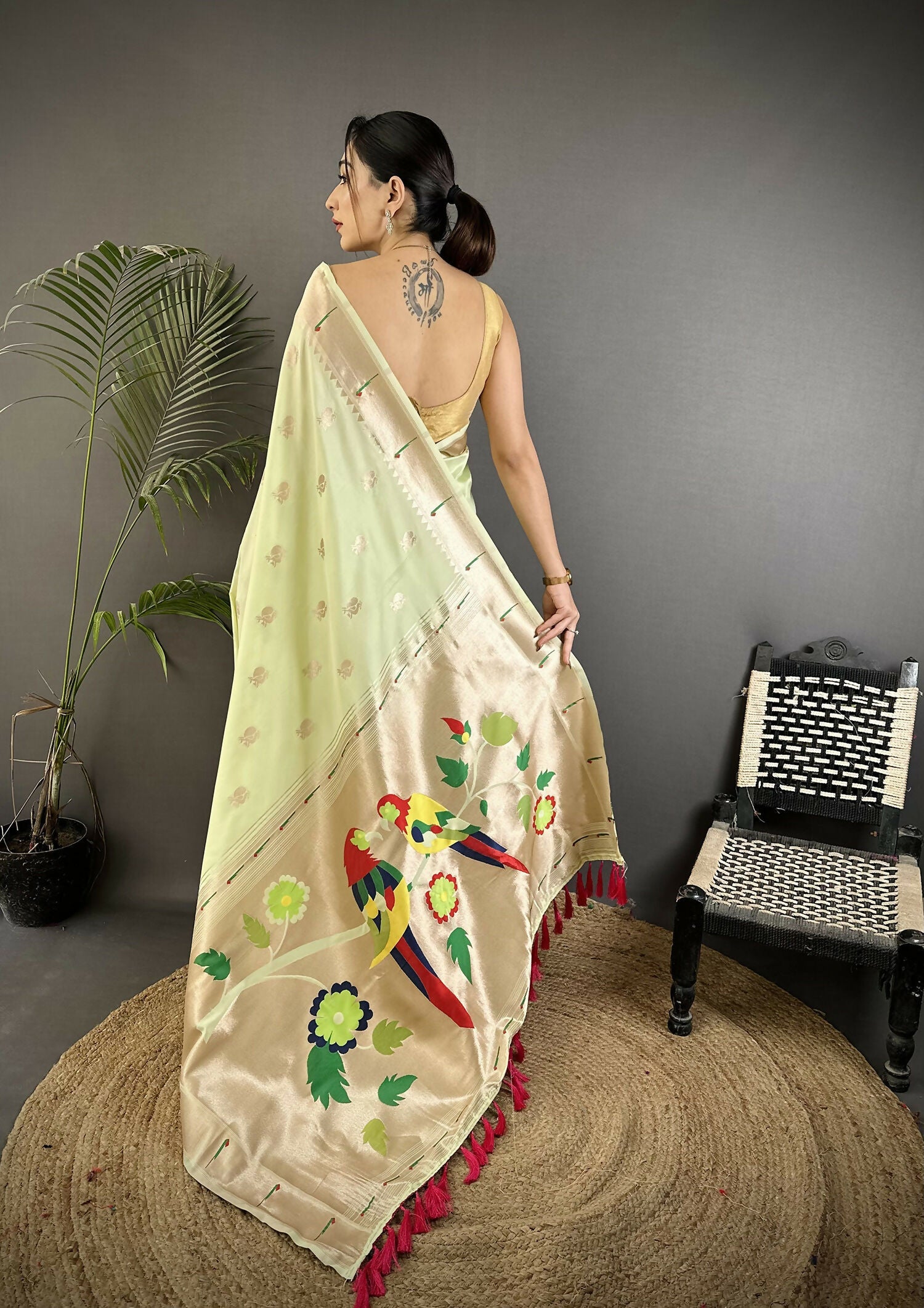 Pista Green Kanchipuram Soft Silk Saree with Peacock Floral Motifs
