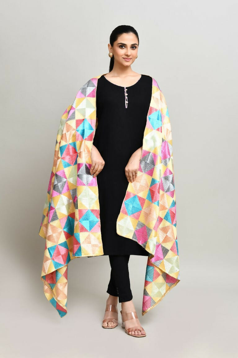 Multi Color Phulkari Dupatta with Cotton Geometric Embroidery