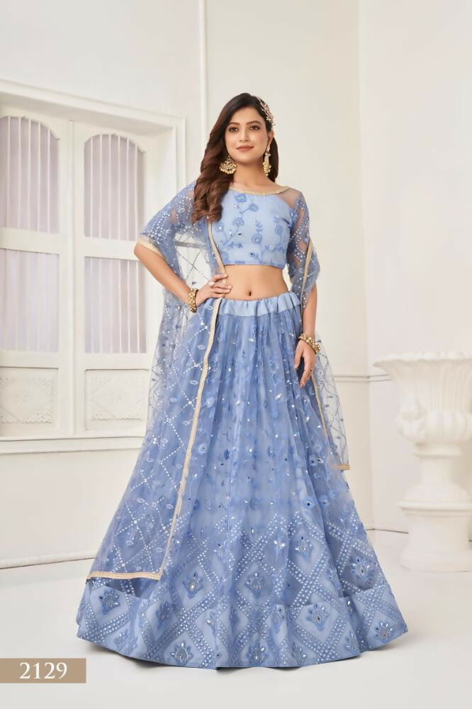 Neon Blue Butterfly Net Lehenga featuring original mirror handwork and sequence embroidery