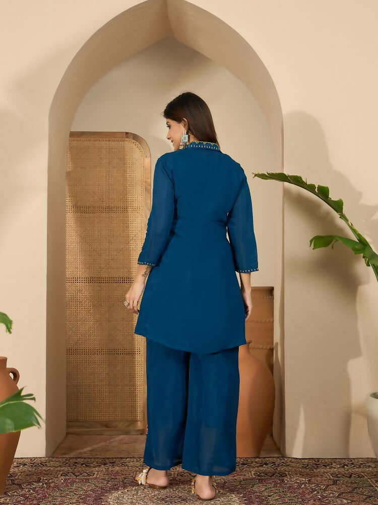 Blue Roman Silk Embroidered Kurta Set with Shirt Collar