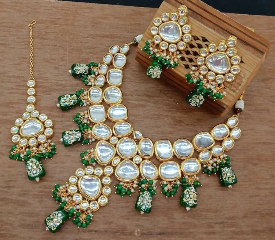 Exquisite Green Kundan Necklace Set with gold-plated finish and adjustable cord detail