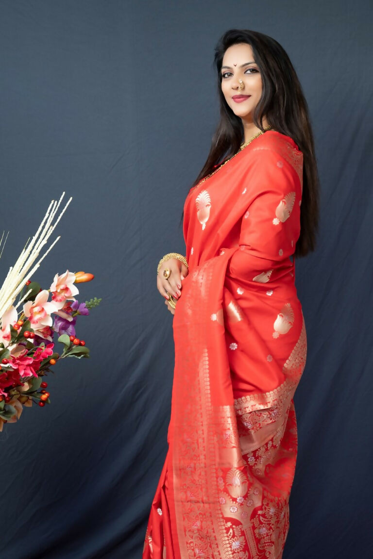 Orange Paithani Silk Saree with Zari Woven Detail and Blouse