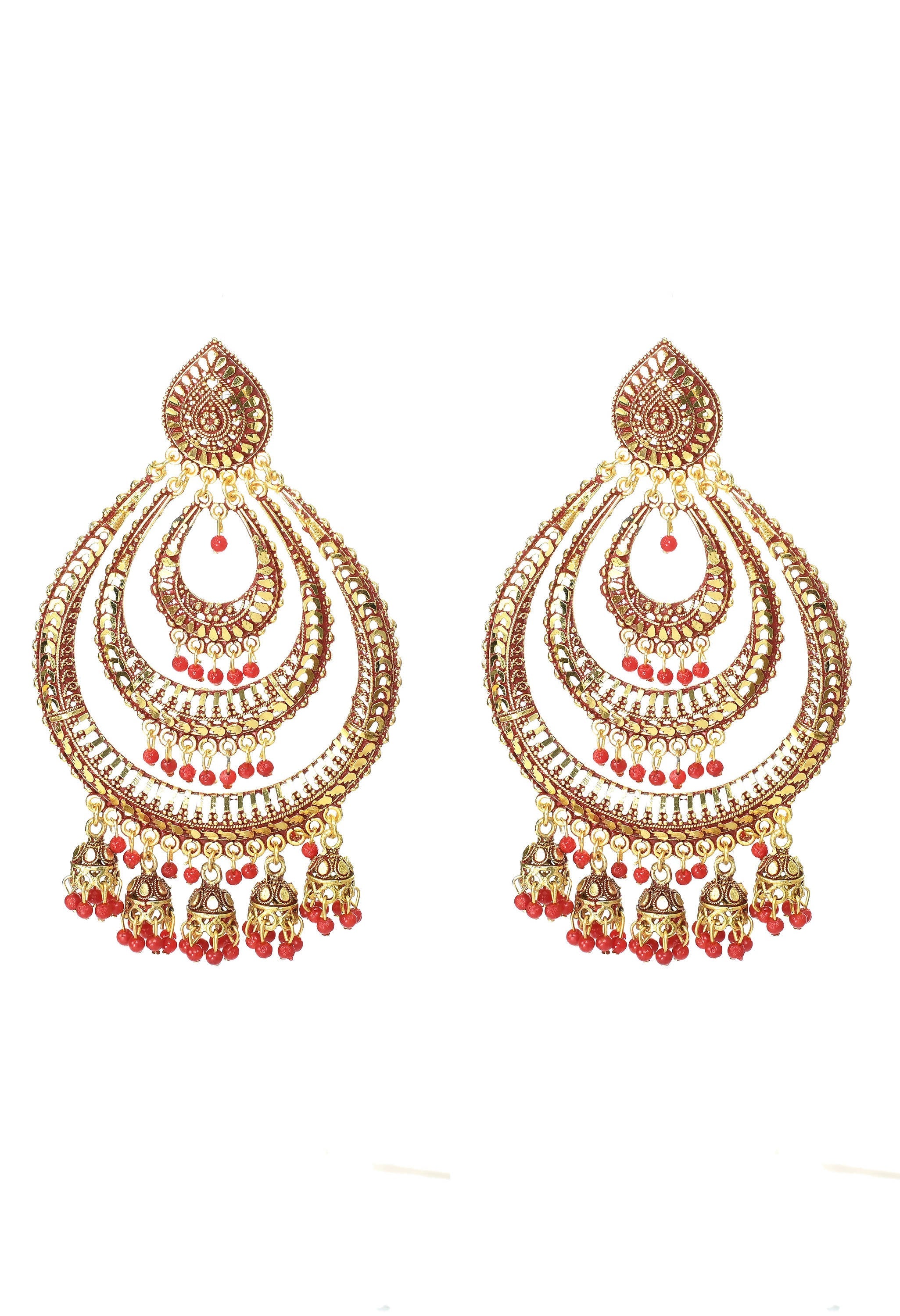 Triple Circle White With Red Statement Dangle Earrings