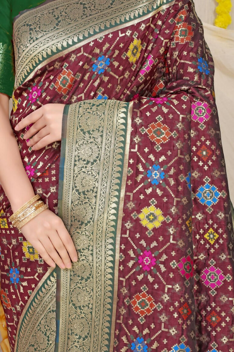 Wine Patola Silk Saree with Rich Zari Woven Patterns