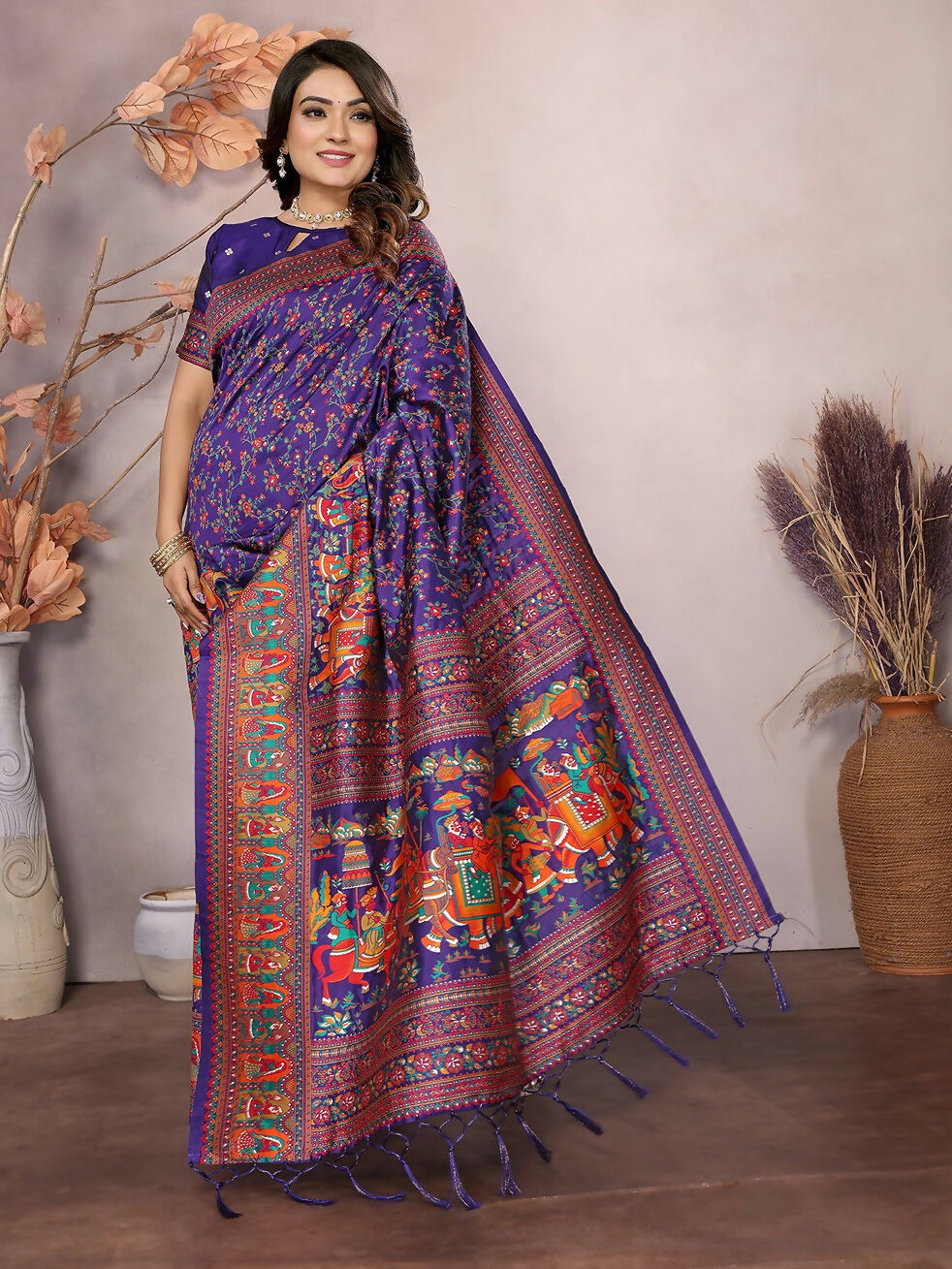 Joban Fashion Purple Meena Weaves Pashmina Sarees