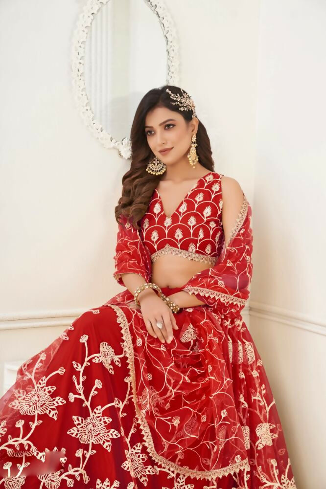 Red Butterfly Net Lehenga with White Cotton Thread and Sequence
