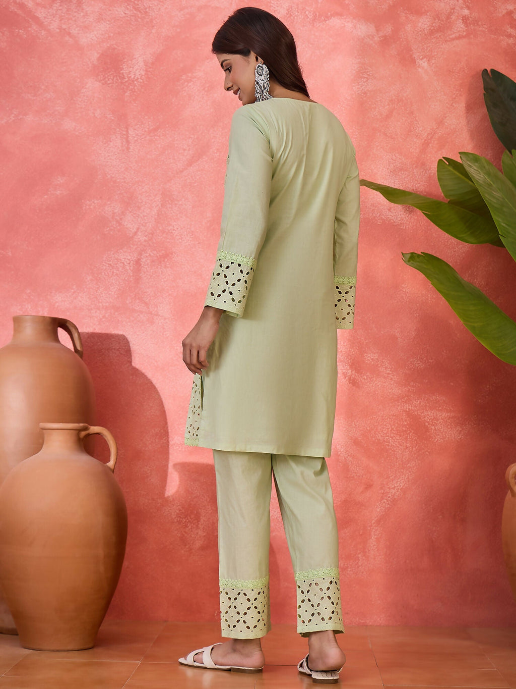 Green Pure Cotton Embroidered Co-ord Set with 3/4 Sleeve Kurti