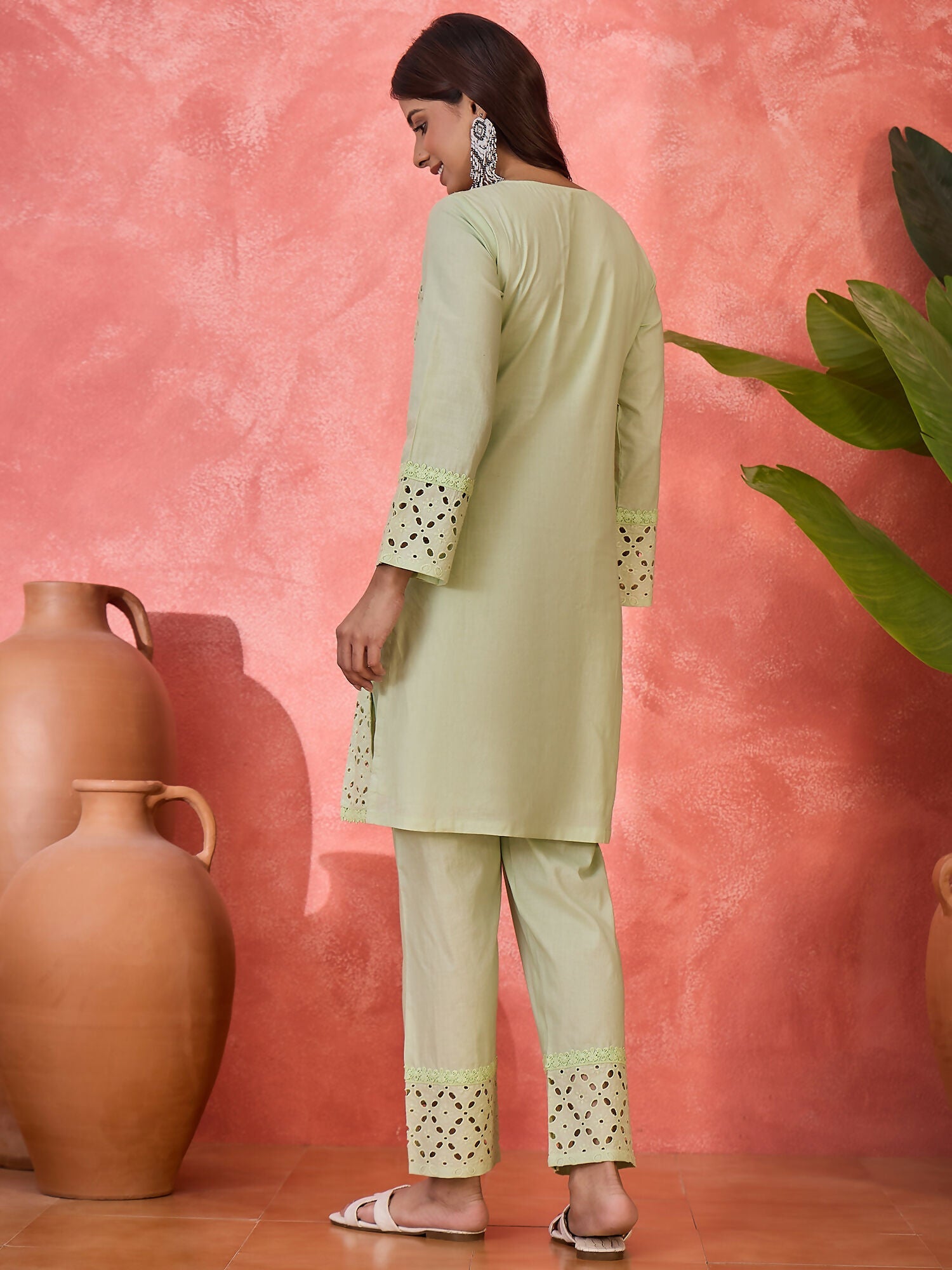 Green Pure Cotton Embroidered Co-ord Set with 3/4 Sleeve Kurti