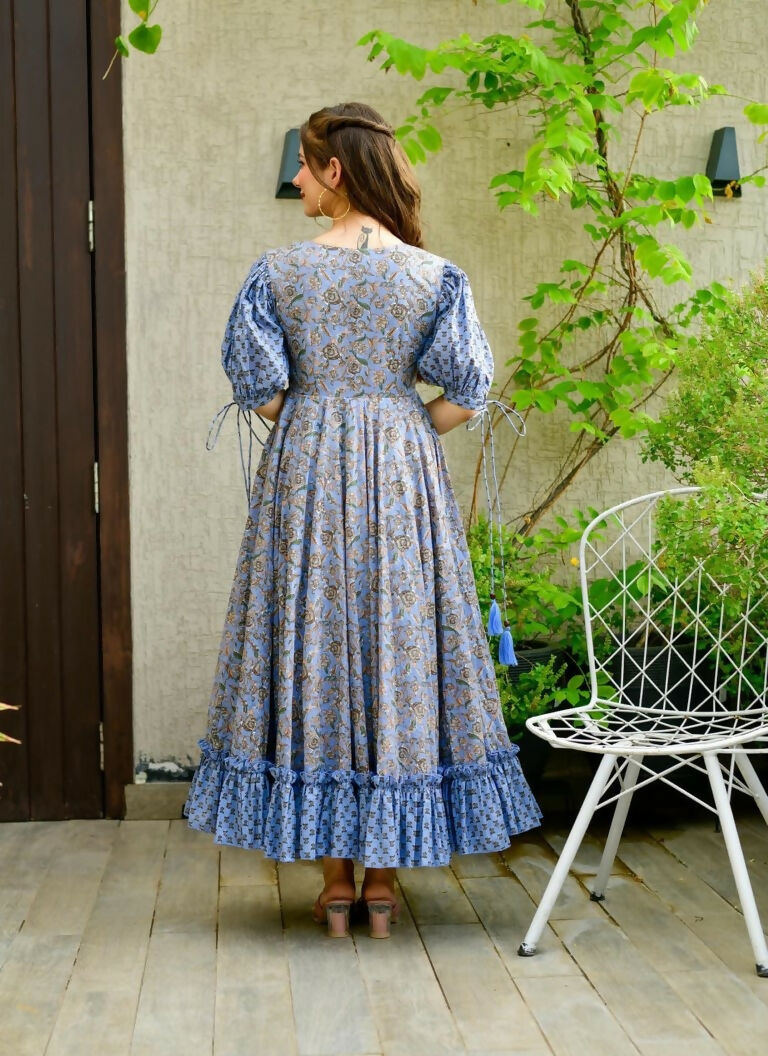 Women's Blue Heavy Digital Printed Cotton Silk Anarkali Dress