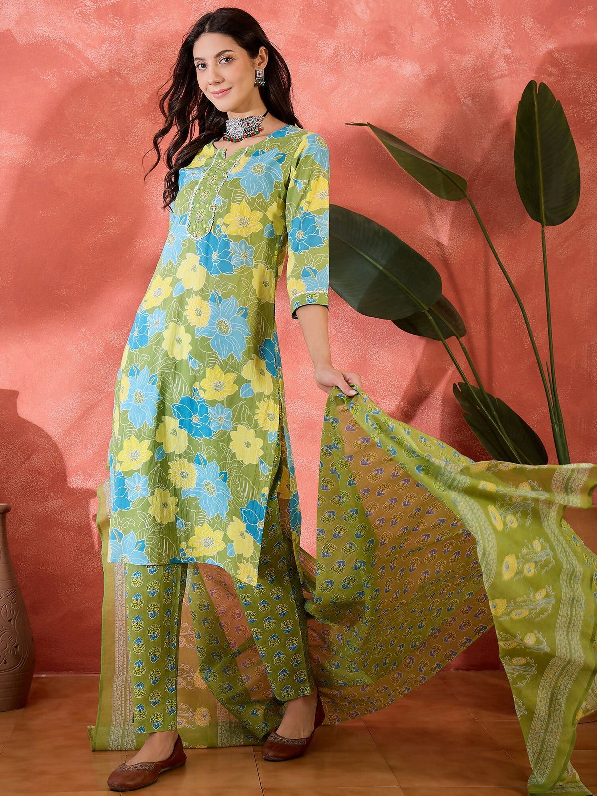 Printed Green Pure Cotton Kurta Set for Women