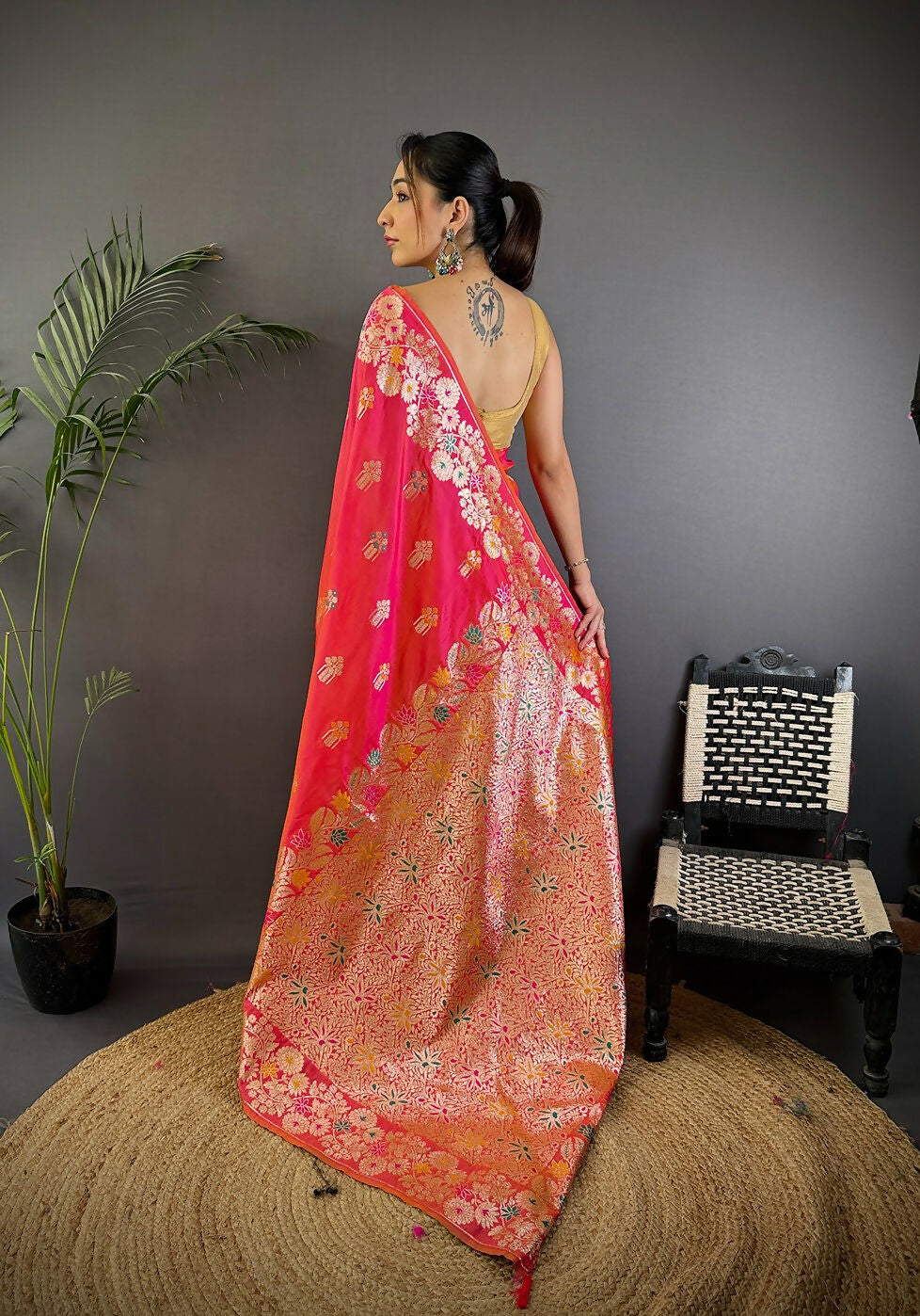 Hot Pink Meenakari Woven Soft Silk Saree