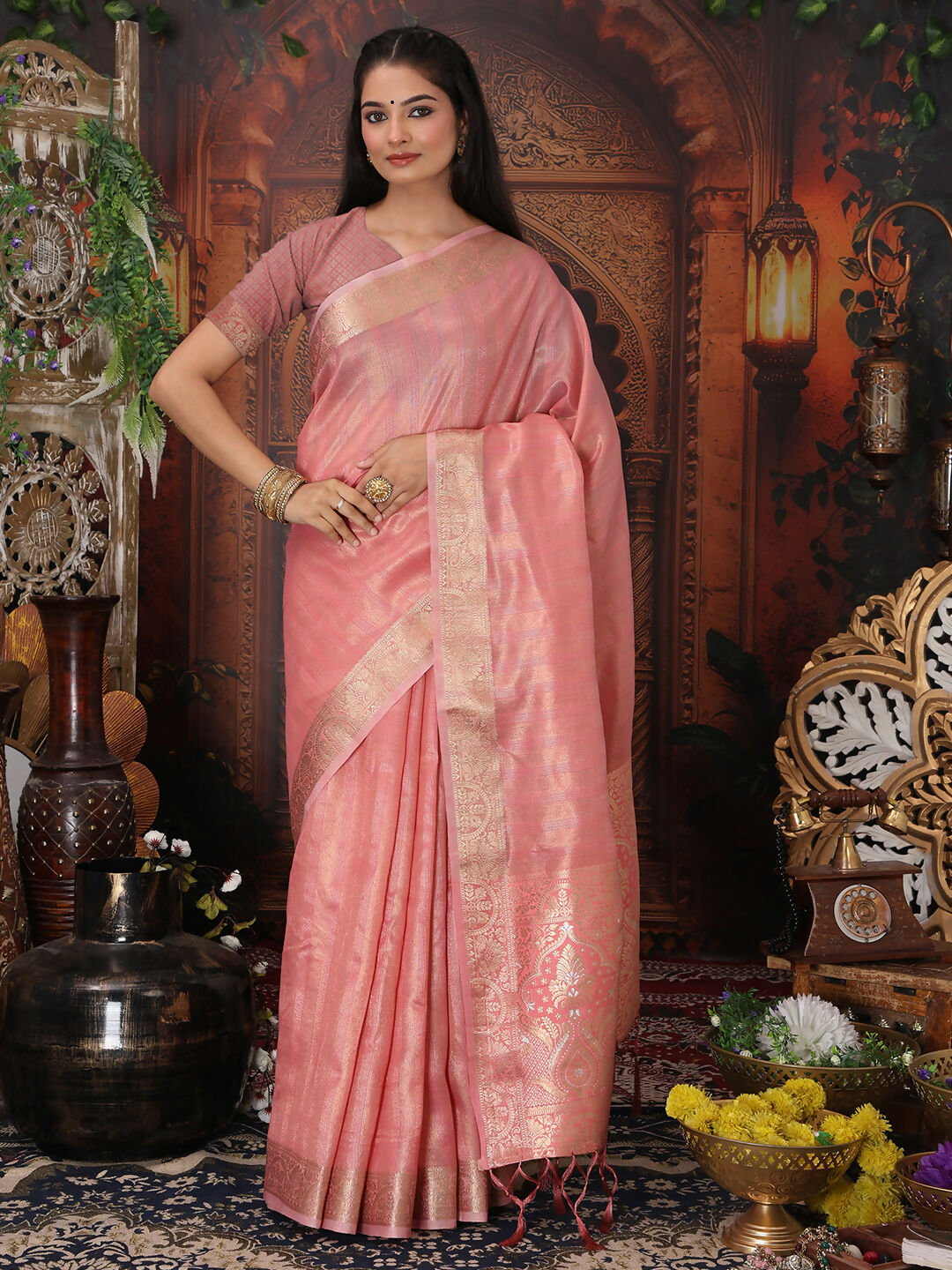 Pink Organza Saree with Matching Blouse Piece