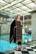 Black faux georgette kurta with intricate heavy embroidery and moti work detailing