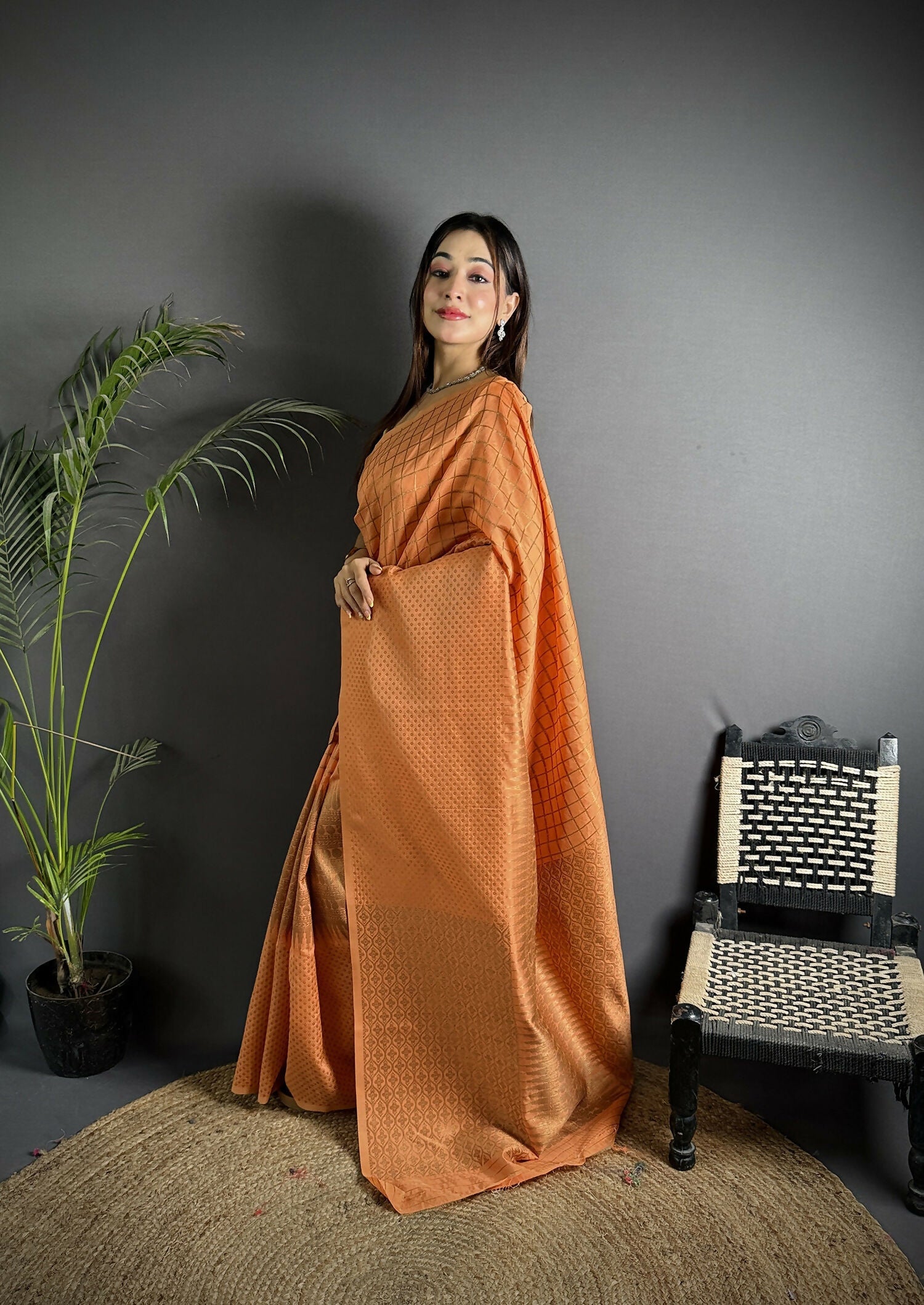 Orange Banarasi Soft Lichi Silk Saree with Woven Checks
