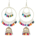 Oxidized silver two-layered hoop and bali earrings with multicolor pearls for girls and women