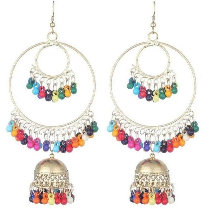 Oxidized silver two-layered hoop and bali earrings with multicolor pearls for girls and women