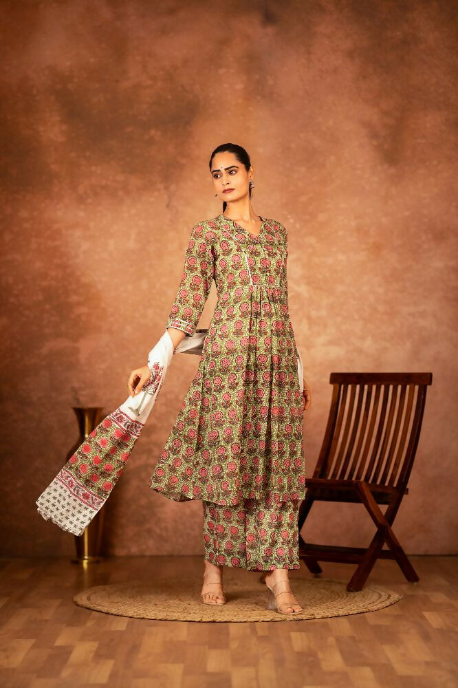 Green Hand Block Printed Cotton Suit Set for Women