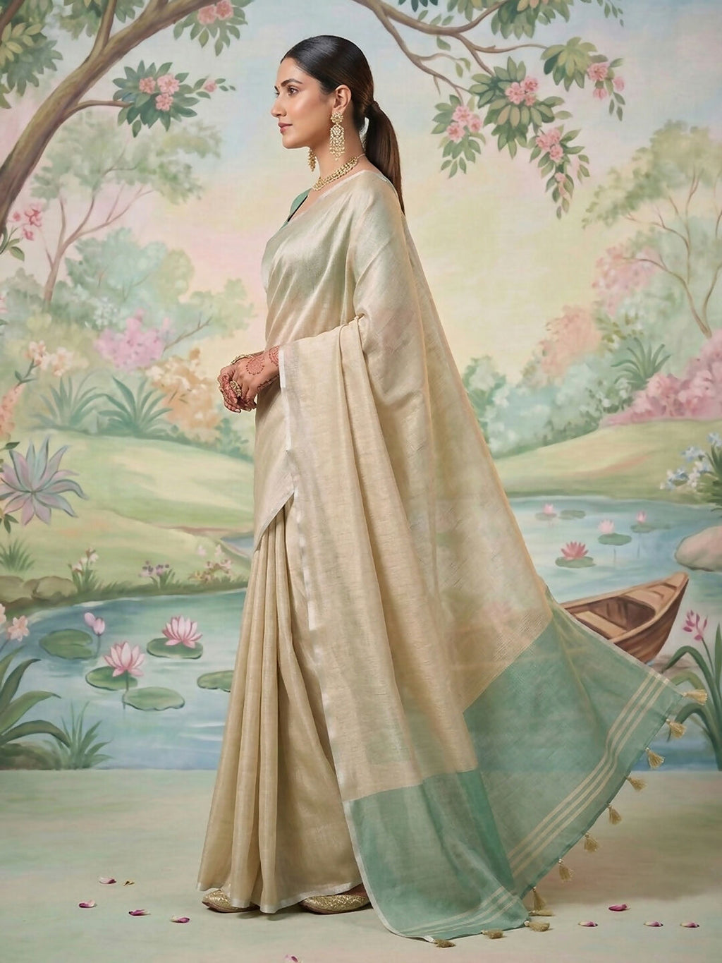 Beige Tissue Silk Saree with Matching Blouse Piece