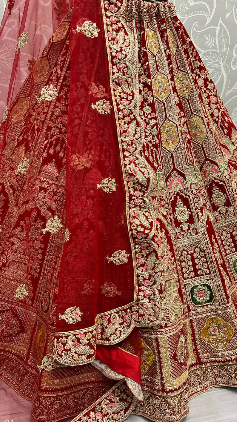 Red Velvet Bridal Lehenga Choli with Dori & Diamond Embroidery