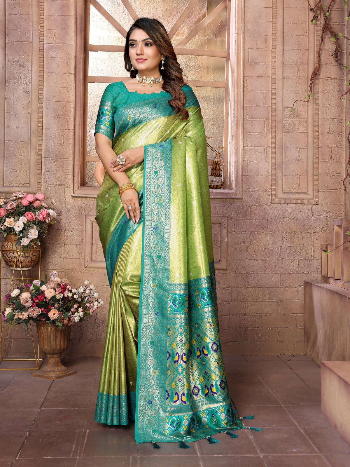 Elegant Pista Banarasi Tissue Silk Saree with intricate weaving and Sea Green blouse