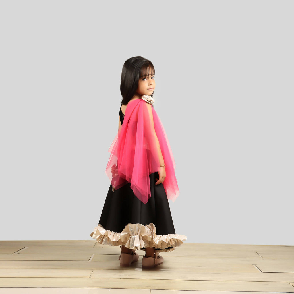 One Shoulder Black Scuba Ghagra Choli with Pink Dupatta