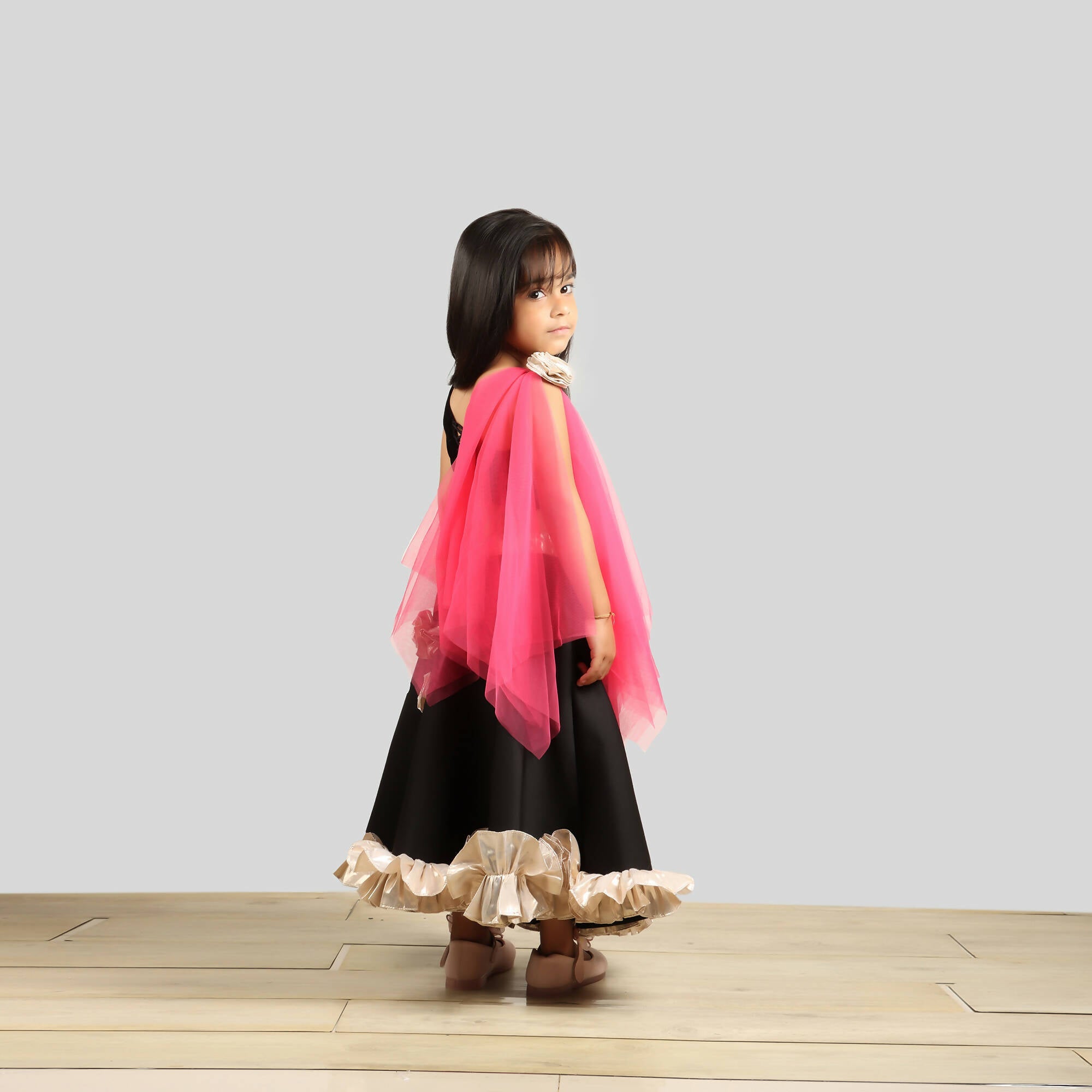 One Shoulder Black Scuba Ghagra Choli with Pink Dupatta