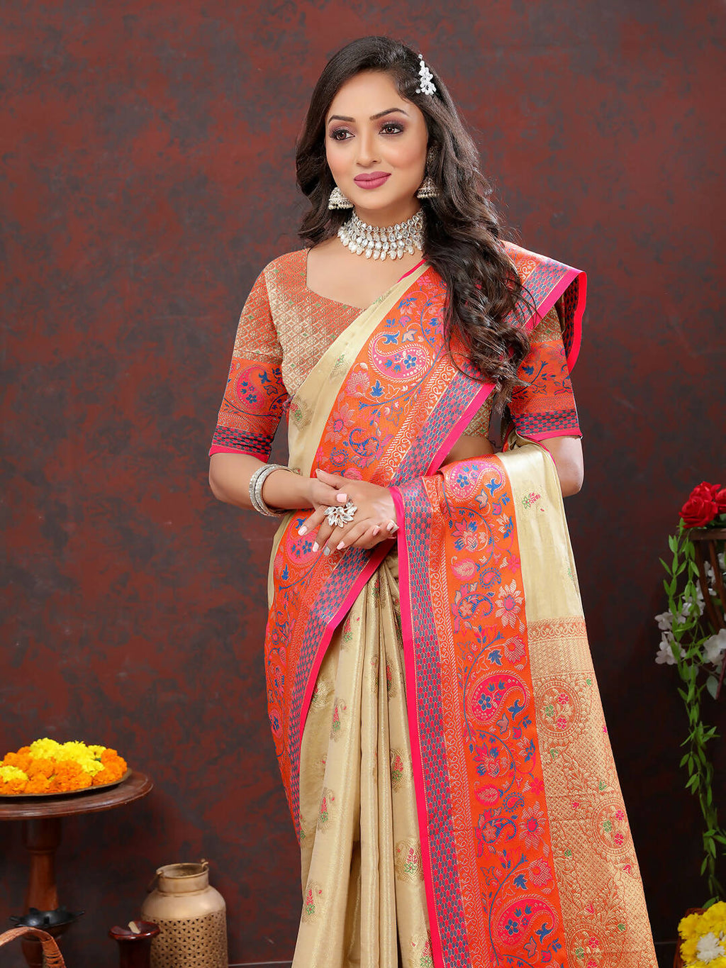 Cream Kanjivaram Silk Saree with Traditional Zari Woven Design