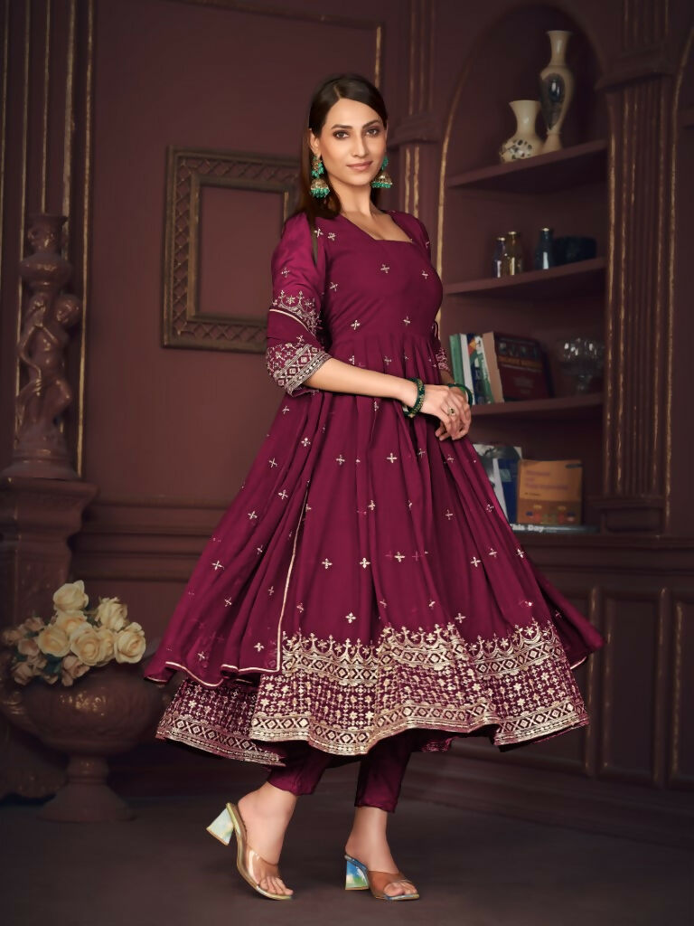 Rani Pink Georgette Embroidered Anarkali Kurta Pant Set & Dupatta