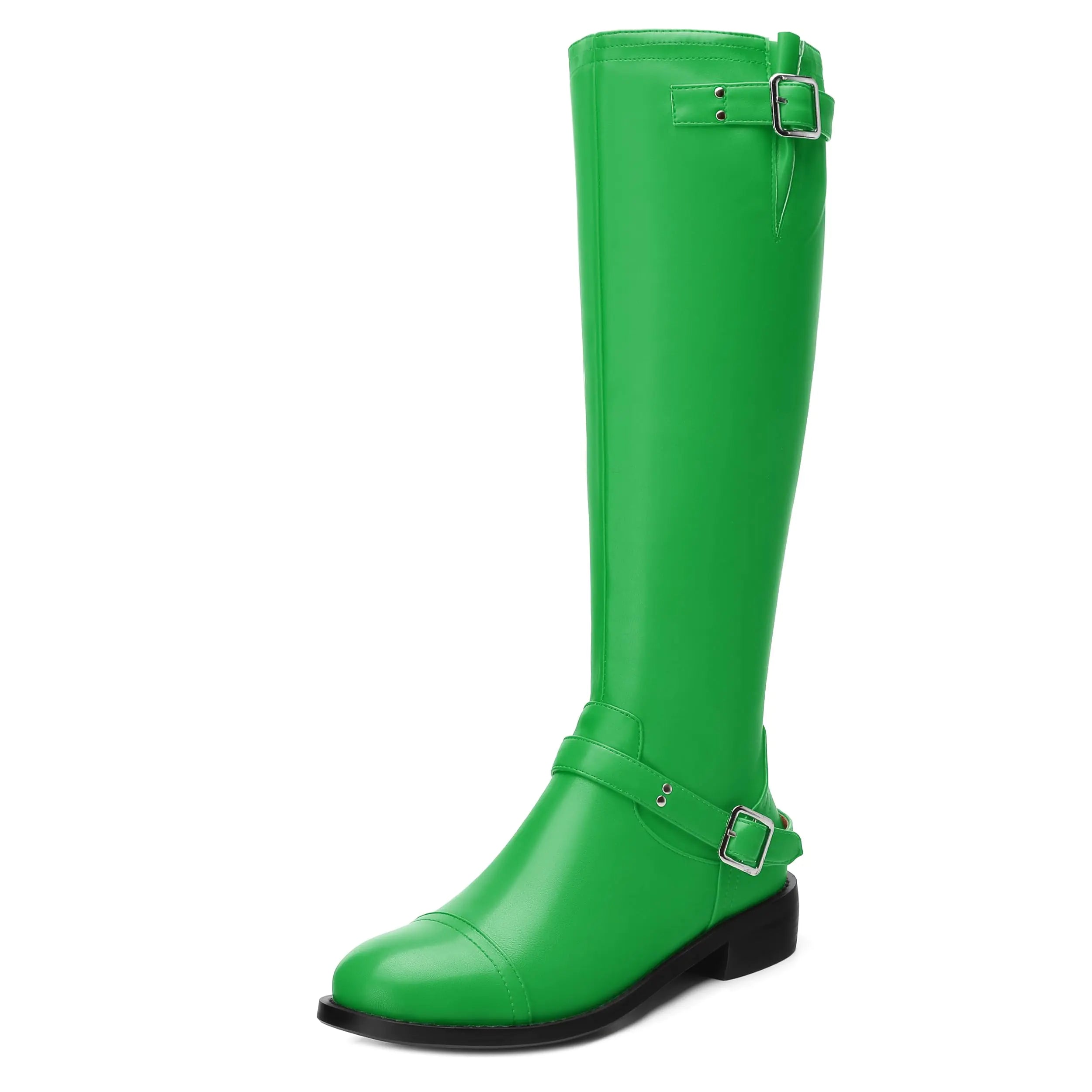 WAYDERNS Green Knee High Boots for Women Low Heel Round Toe 1 Inch Tall Boots Zipper Comfortable Riding Party Fall Winter Boots Size 11