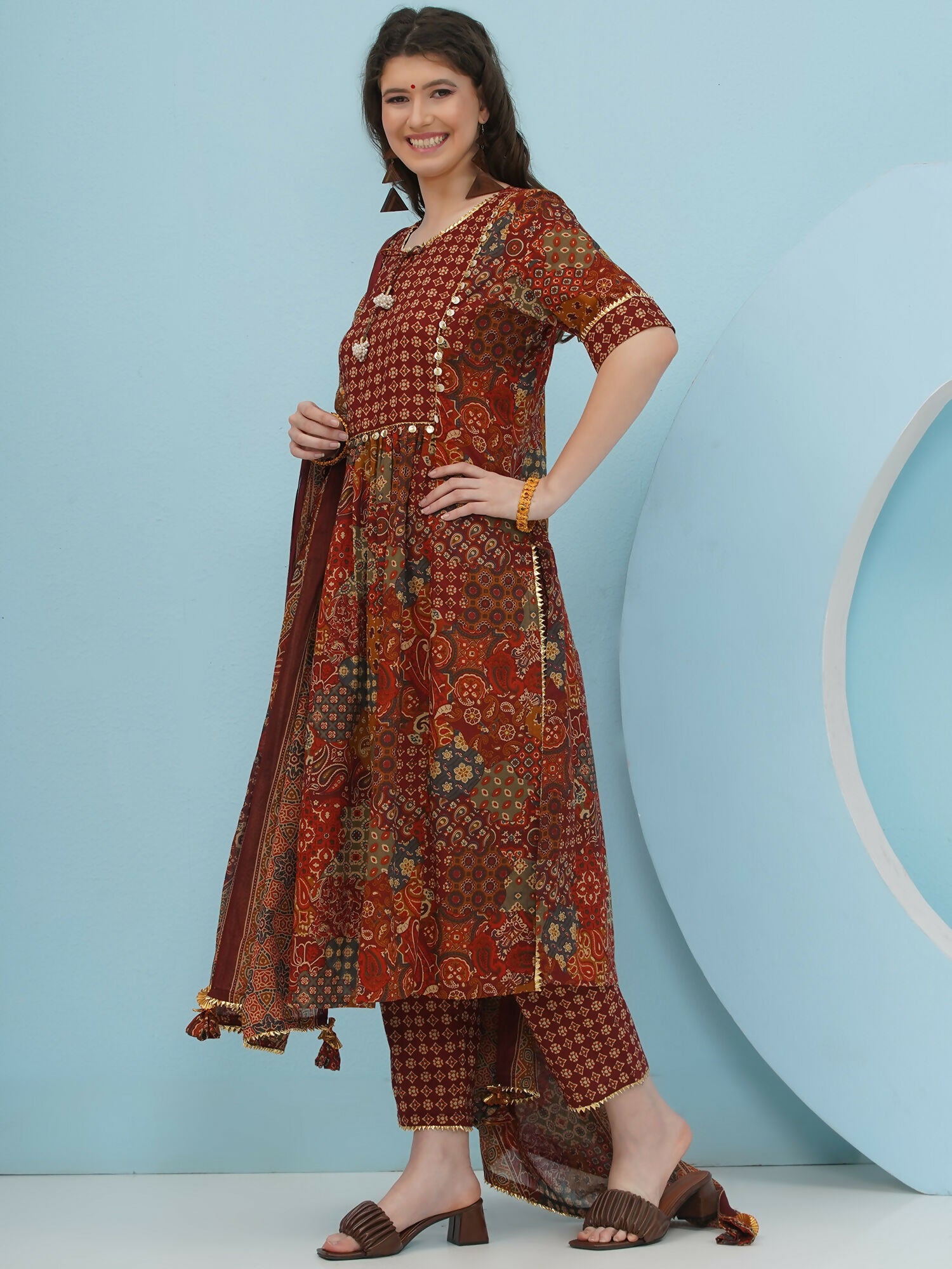 Brown Cotton Suit Set for Women
