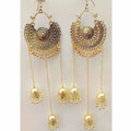 Gold-polished Bahubali style long Chandbali jhumka earrings for festive wear